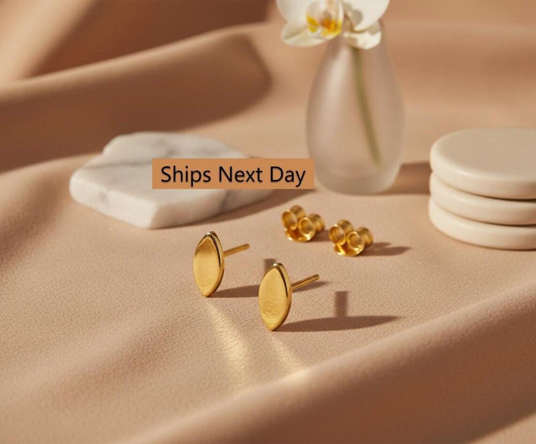 Dainty Marquise Stud Earrings, 18K Gold Plated Minimalist Earrings, Vintage Bridal Studs, Bridesmaid Wedding Gift for Her