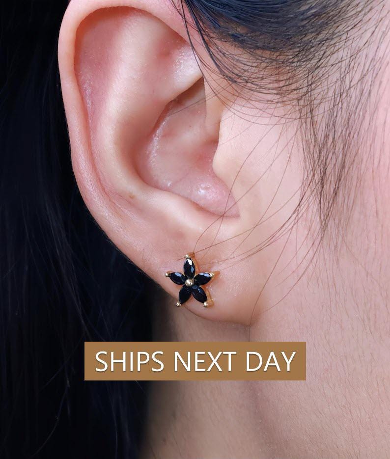 Black Diamond Flower Stud Earrings, Dainty Earrings, Everyday Earrings Gift for Her, Floral Studs, Graduation Gifts, Last Minute Gifts
