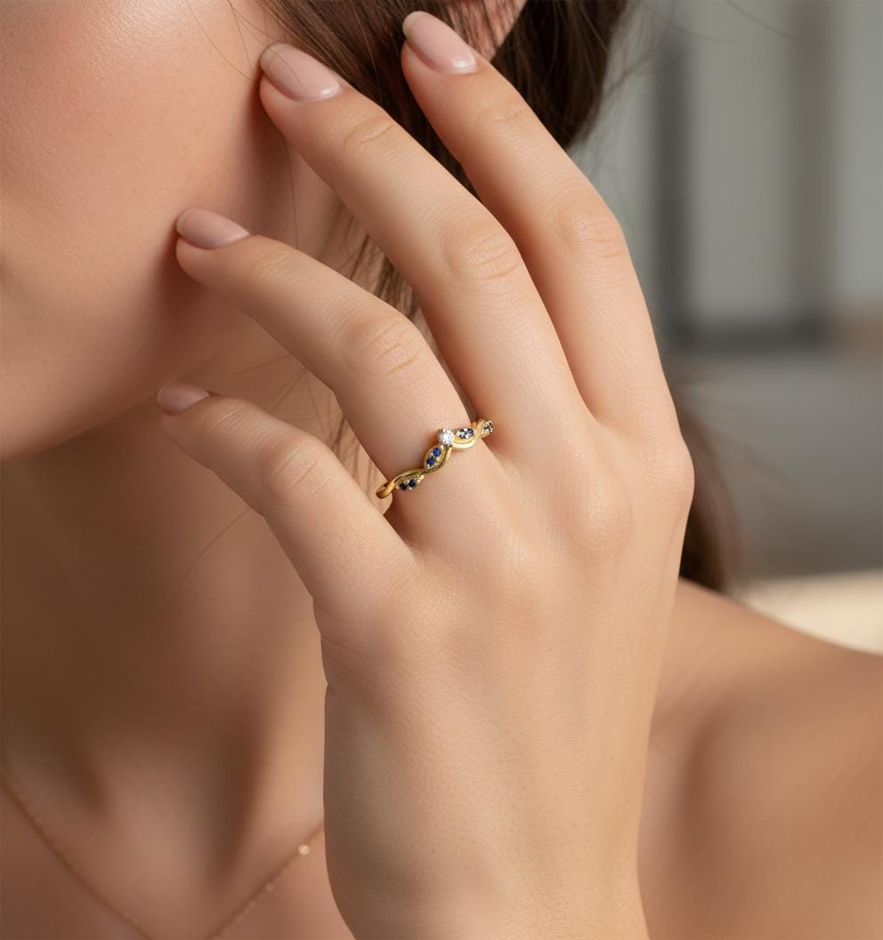 Olive Branch Curved Wedding Band, Alternating Diamond and Blue Sapphire Ring, Antique Stackable Matching Band, Promise Ring
