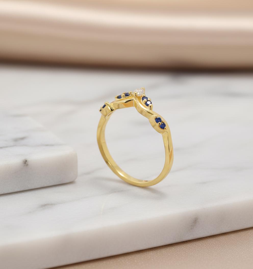 Olive Branch Curved Wedding Band, Alternating Diamond and Blue Sapphire Ring, Antique Stackable Matching Band, Promise Ring