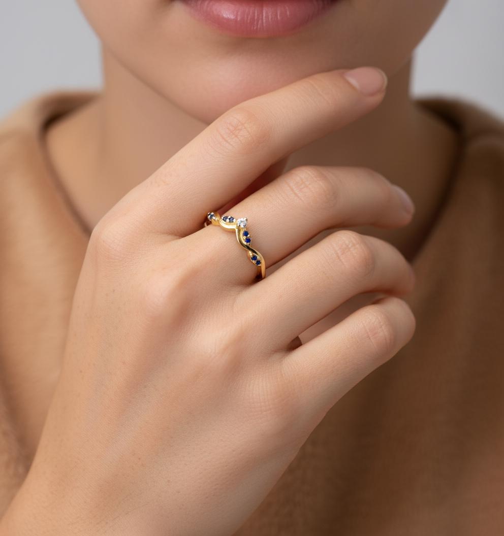 Olive Branch Curved Wedding Band, Alternating Diamond and Blue Sapphire Ring, Antique Stackable Matching Band, Promise Ring