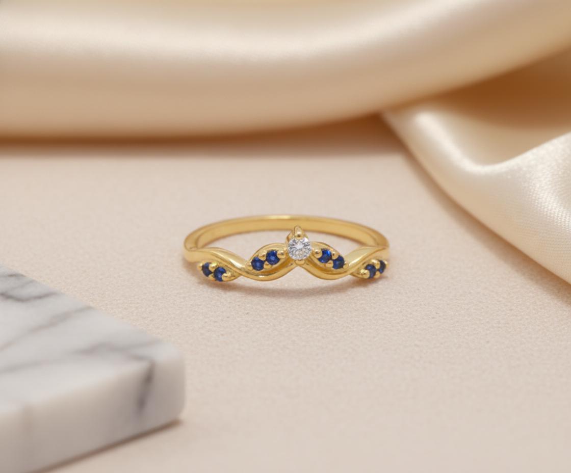 Olive Branch Curved Wedding Band, Alternating Diamond and Blue Sapphire Ring, Antique Stackable Matching Band, Promise Ring