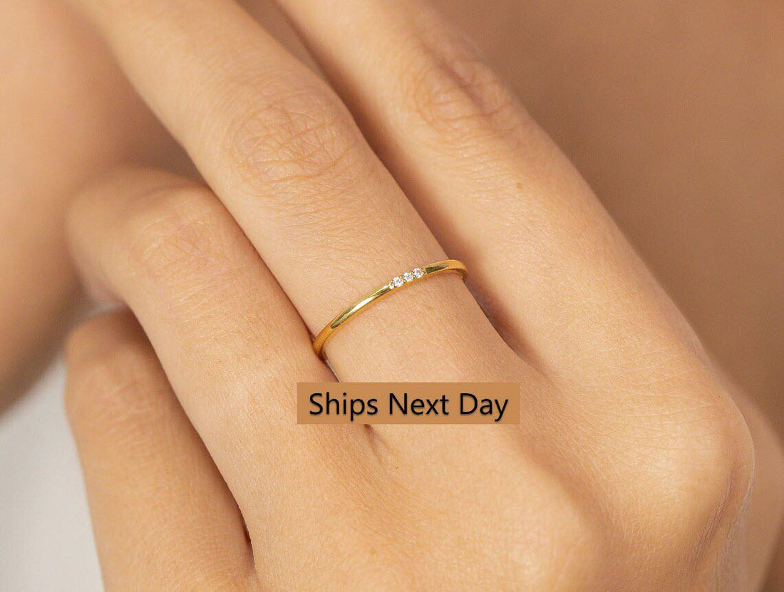 Three Stones Diamond Ring, Thin Triple Stone Stacking Ring, Minimalist Ring, Promise Ring, Gift for Her, Christmas Jewelry Gift