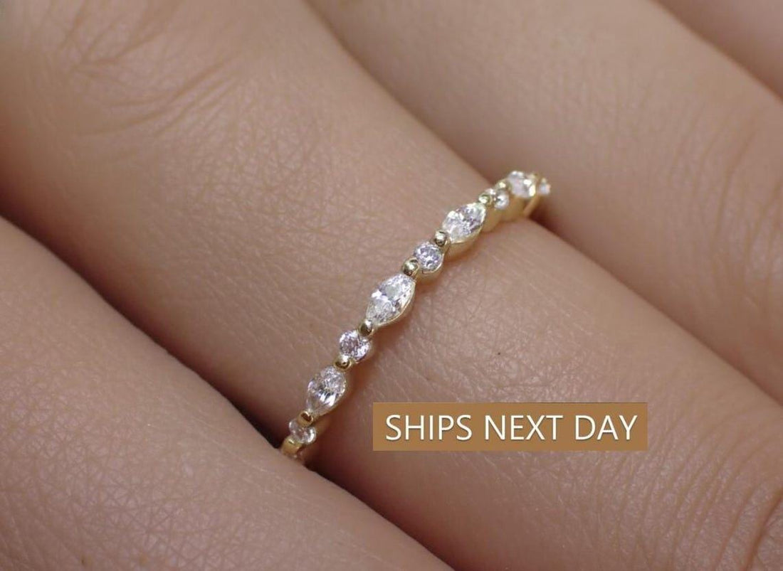 Vintage Diamond Wedding Band, Marquise Cut Half Eternity Stacking Ring, Art Deco Engagement Band, Marquise Ring, Christmas Gift for Her