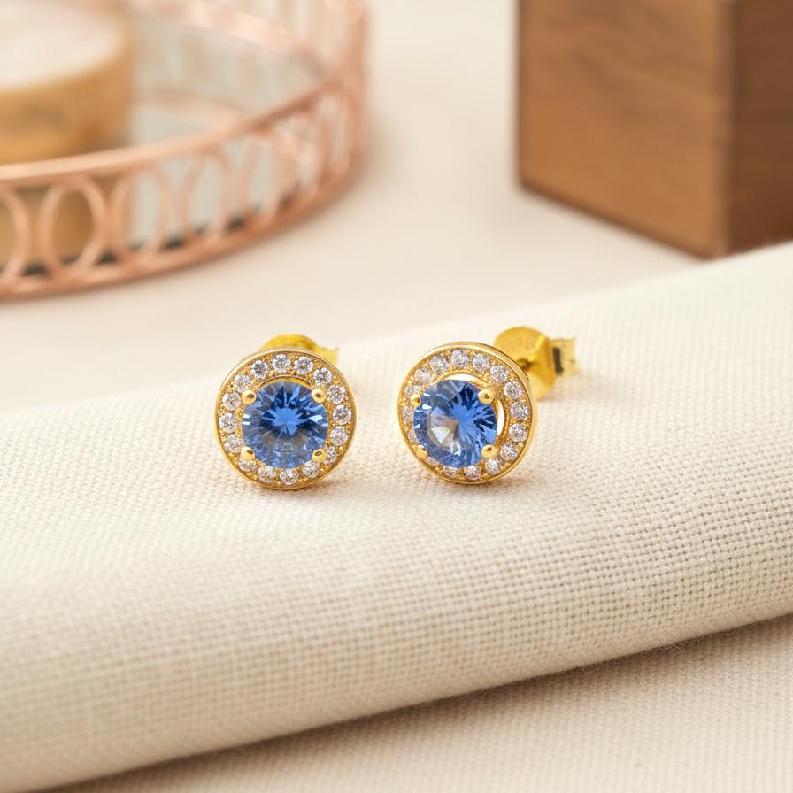 Blue Sapphire Halo Stud Earrings / Minimalist Earrings Gift for Women / Everyday Earring / September Birthstone Gift / In Stock