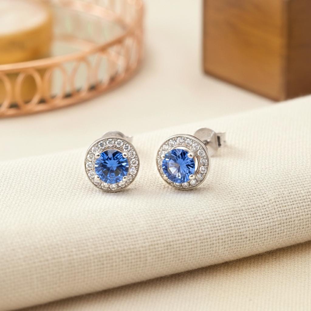 Blue Sapphire Halo Stud Earrings / Minimalist Earrings Gift for Women / Everyday Earring / September Birthstone Gift / In Stock