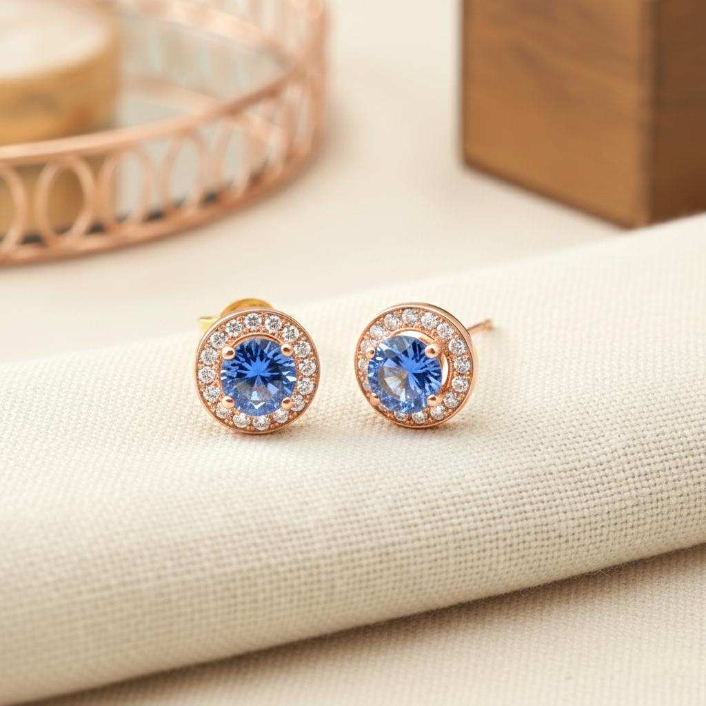 Blue Sapphire Halo Stud Earrings / Minimalist Earrings Gift for Women / Everyday Earring / September Birthstone Gift / In Stock
