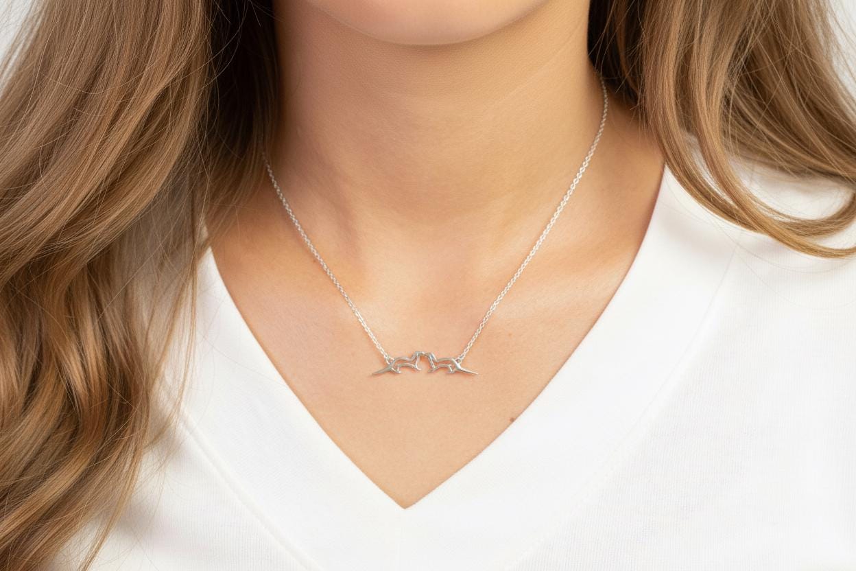 Kissing Sea Otters Necklace, Lover otter Necklace, Sterling Silver Sea Otter Pendant, His and Her Jewelry, Animal Necklace