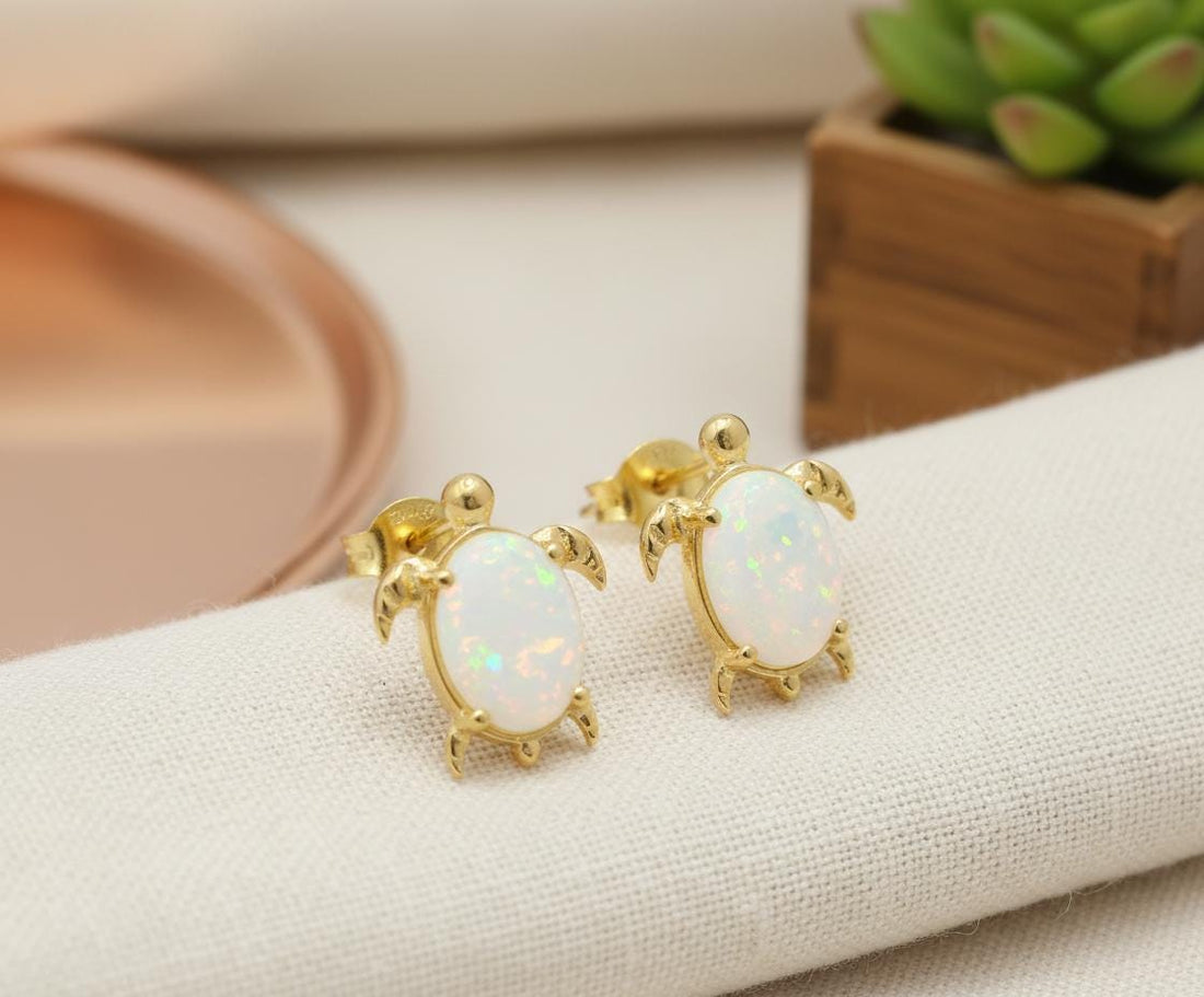 Turtle Opal Stud Earrings, Turtle Fire Opal Gemstone Jewelry, Cute Sea Turtle Jewelry for Women, Gift for Sea Lover, Sea Theme Jewelry