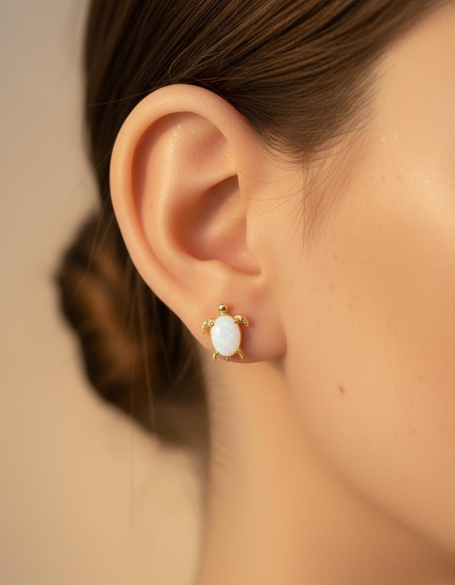 Turtle Opal Stud Earrings, Turtle Fire Opal Gemstone Jewelry, Cute Sea Turtle Jewelry for Women, Gift for Sea Lover, Sea Theme Jewelry