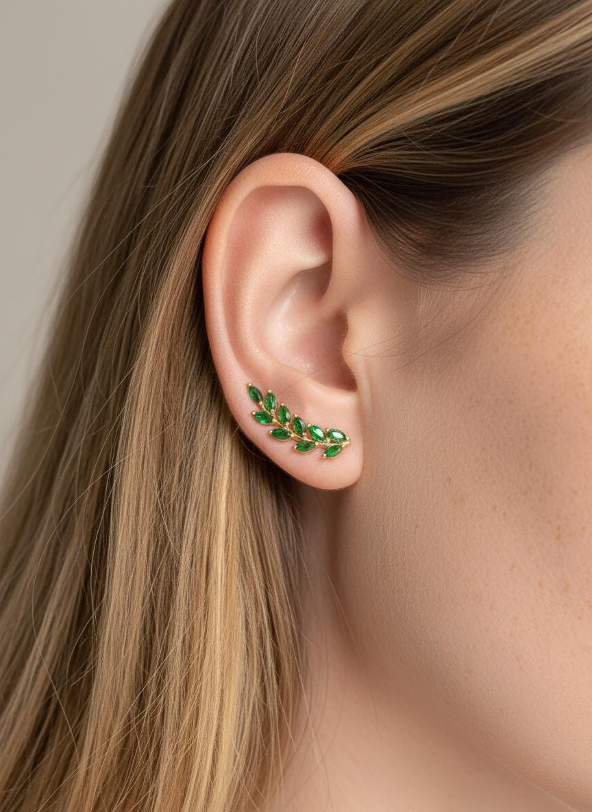 Emerald Earring Climber / Marquise Ear Crawlers Earrings / Ear Climber Earrings / Bridesmaid Gift / May Birthstones / Valentine's Day Gift