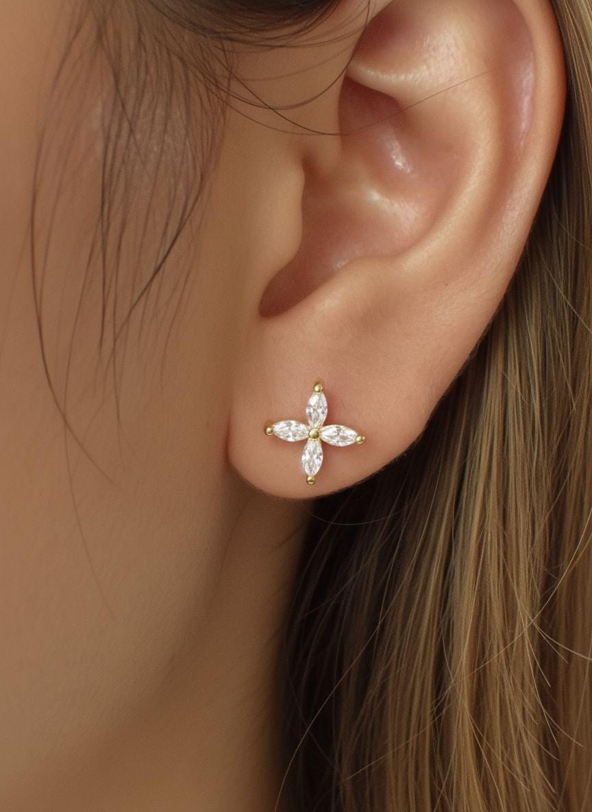 Marquise Stud Earrings / Minimalist Flower Earrings / Floral Studs / Wedding Gift / Christmas Jewelry Gift