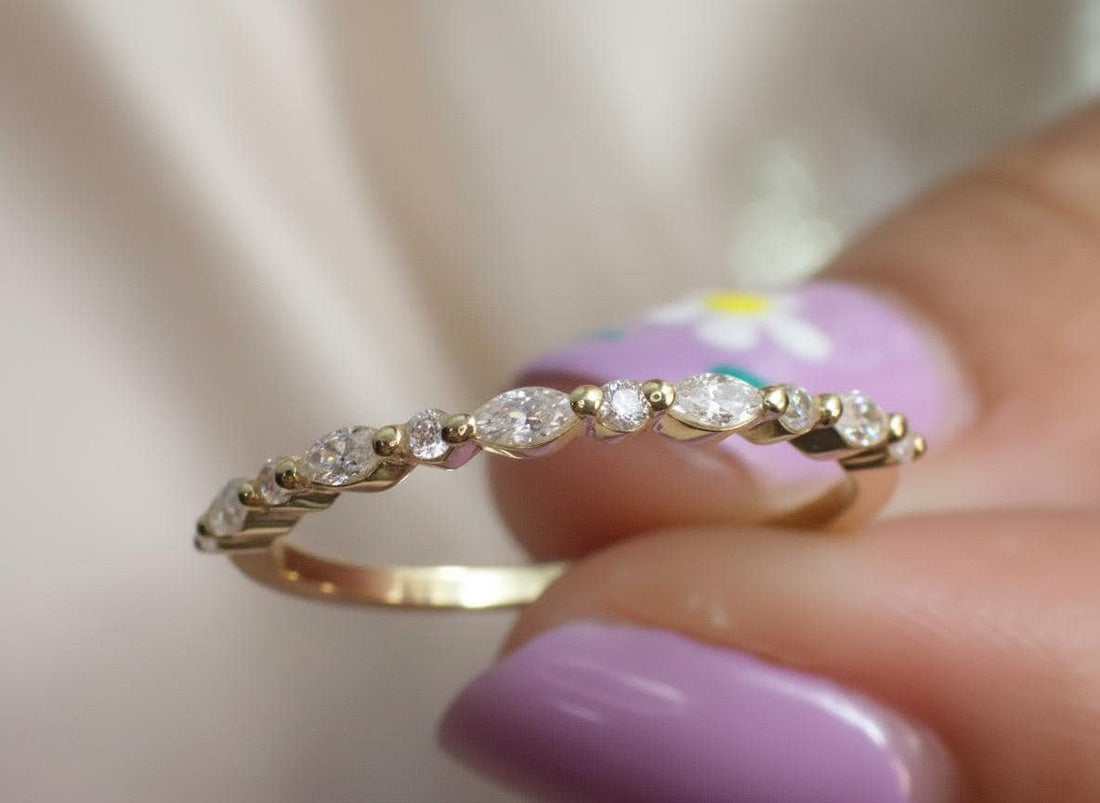 Vintage Diamond Wedding Band, Marquise Cut Half Eternity Stacking Ring, Art Deco Engagement Band, Marquise Ring, Christmas Gift for Her