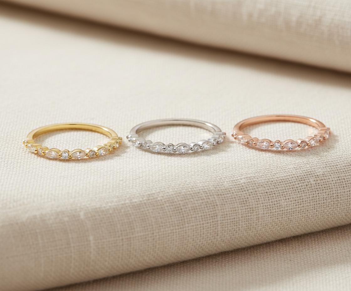 Vintage Diamond Wedding Band, Marquise Cut Half Eternity Stacking Ring, Art Deco Engagement Band, Marquise Ring, Christmas Gift for Her