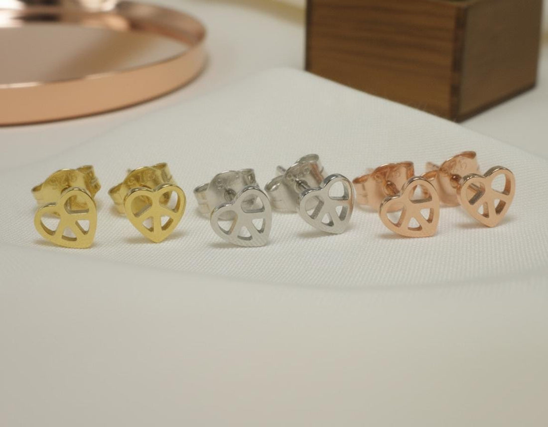 Peace Symbol Heart Stud Earrings / Peace Sign Earrings / Hippie Peace Earring Gift for Her / Peace Studs - In Stock