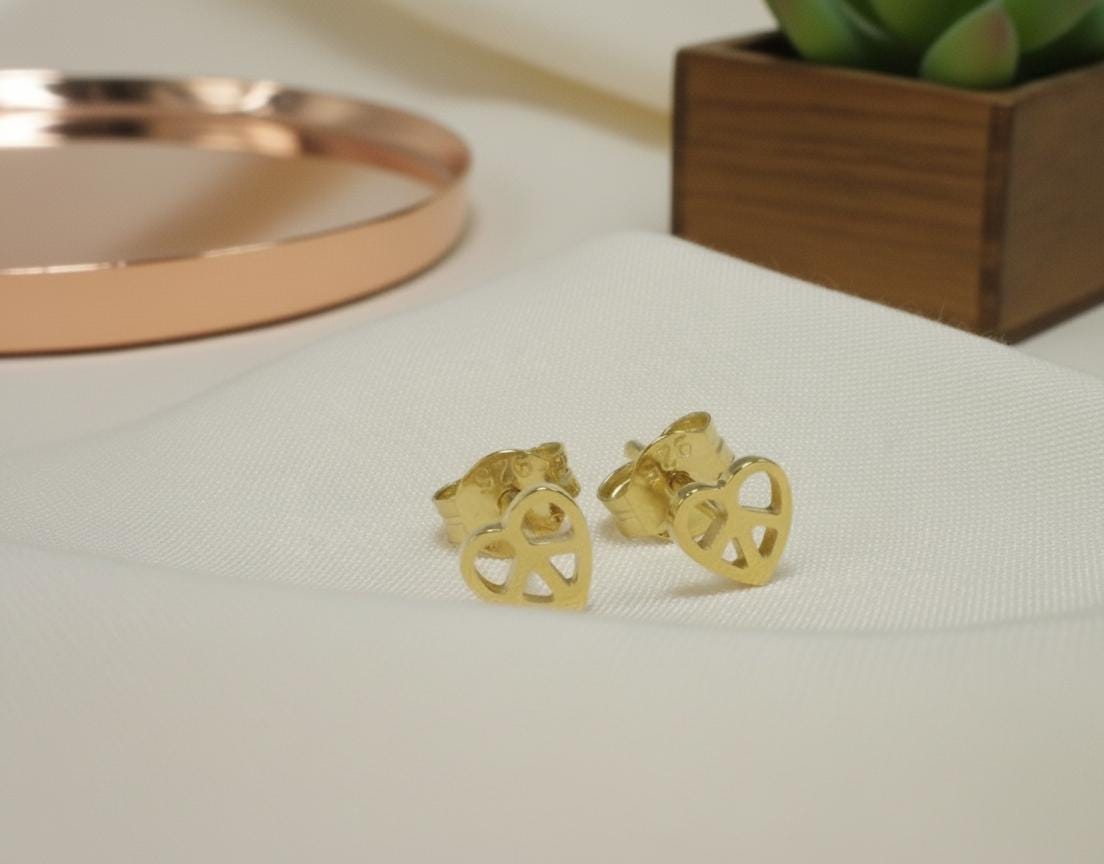 Peace Symbol Heart Stud Earrings / Peace Sign Earrings / Hippie Peace Earring Gift for Her / Peace Studs - In Stock