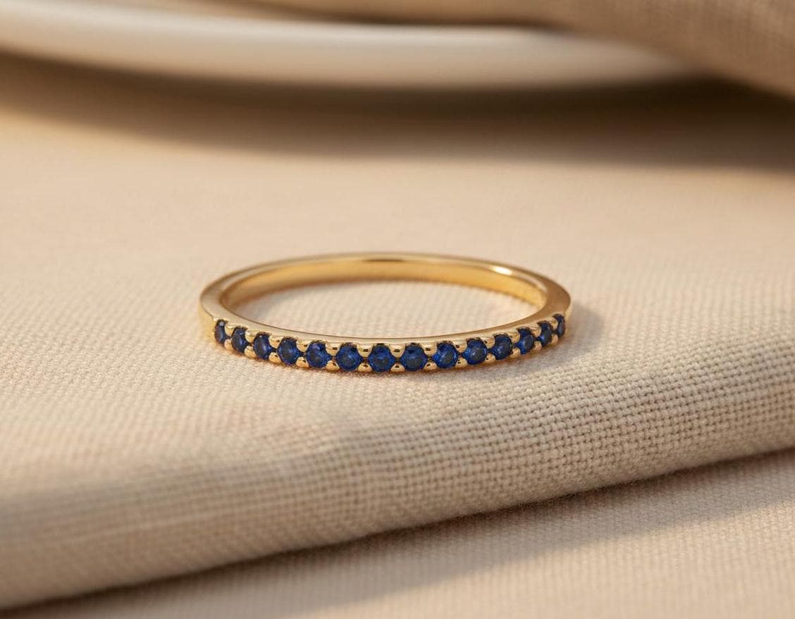 Micro Pave Blue Sapphire Wedding Band, Sterling Silver Dainty Stackable Band, September Birthstones, Stacking Ring