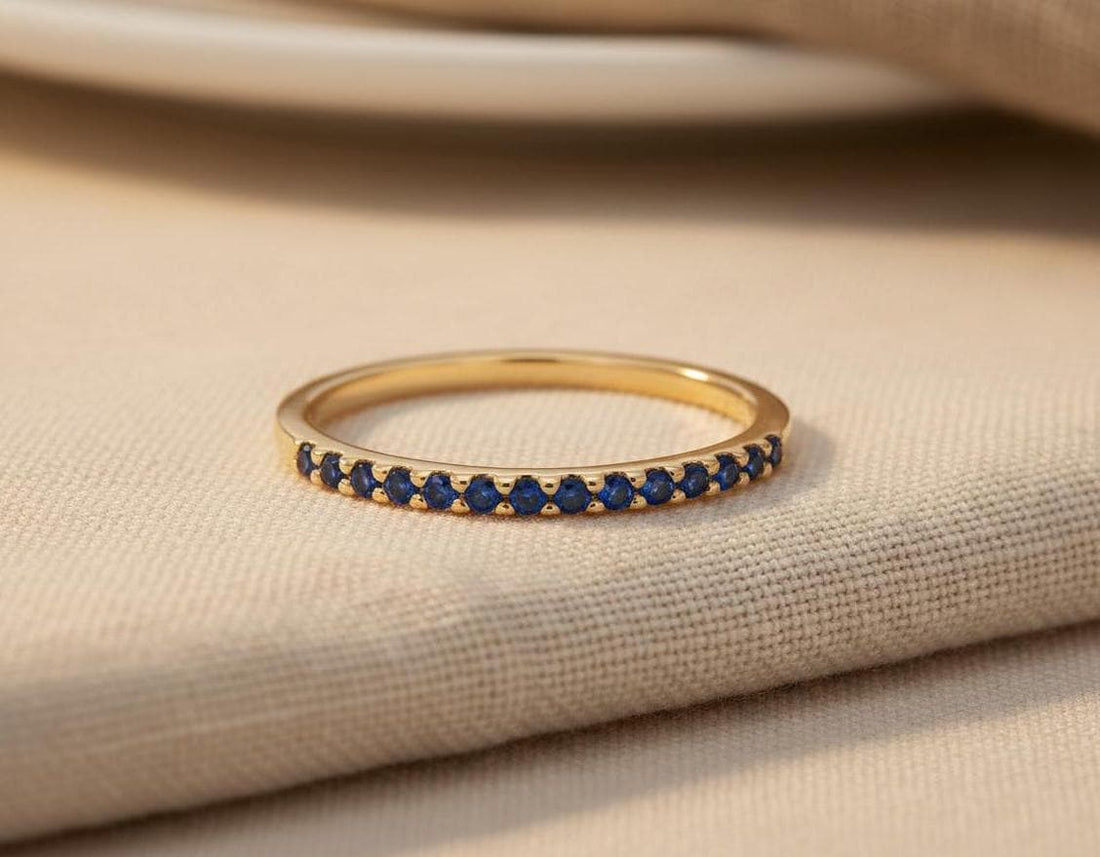 Micro Pave Blue Sapphire Wedding Band, Sterling Silver Dainty Stackable Band, September Birthstones, Stacking Ring