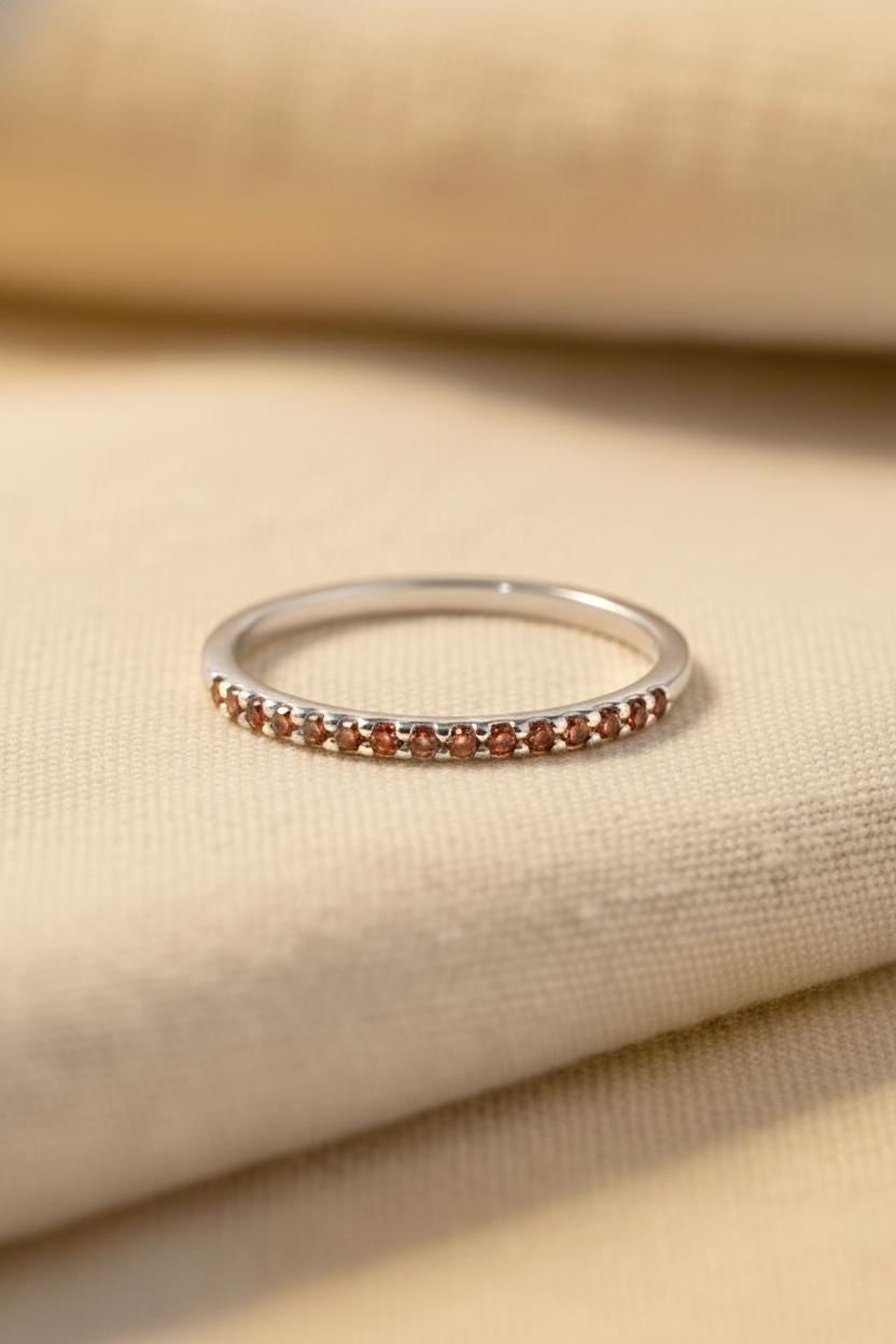 Micro Pave Garnet Wedding Band, Sterling Silver Dainty Stackable Band, January Birthstones, Stacking Ring