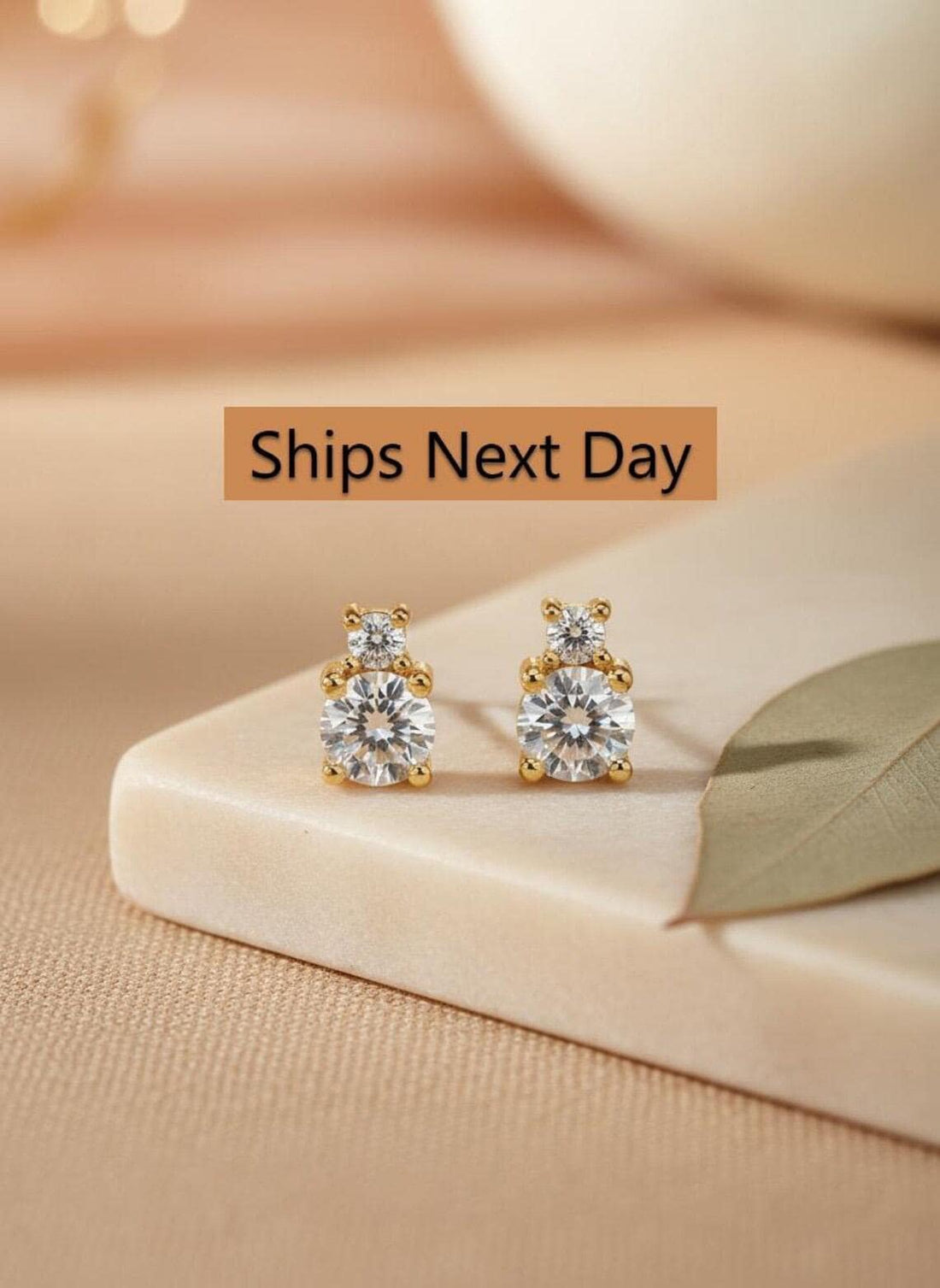 Two Stone Diamond Earrings / 18K Gold Plated Diamond Studs / Bridesmaid Earrings / Wedding Earrings Gift for Her