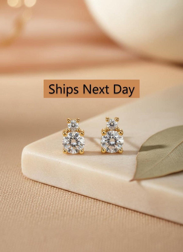 Two Stone Diamond Earrings / 18K Gold Plated Diamond Studs / Bridesmaid Earrings / Wedding Earrings Gift for Her