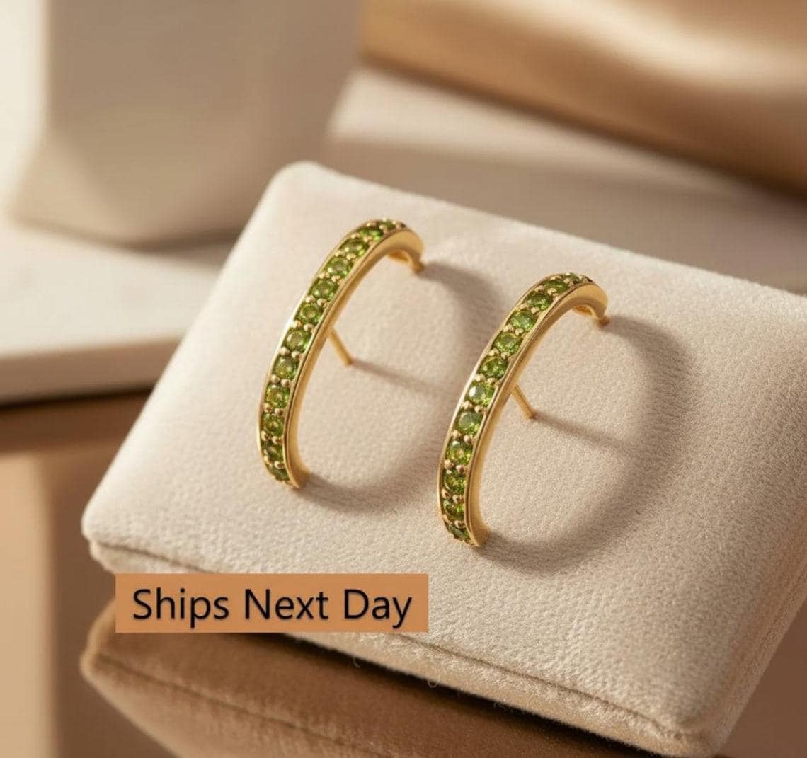 Channel Set Peridot Earrings, Curve Bar Stud Earrings, August Birthstone Gift, Dainty Suspender Earrings, Peridot Earrings Gift for Her