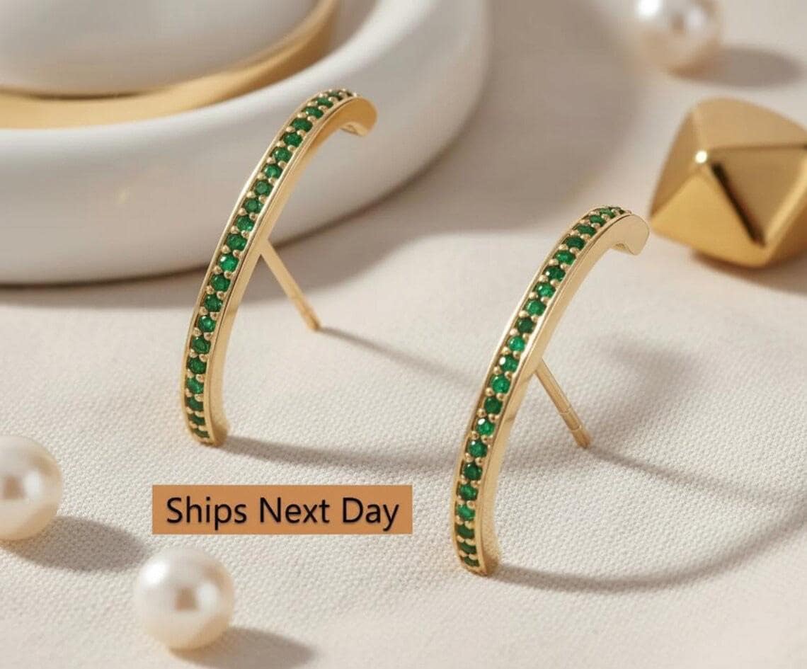 Emerald Curved Bar Stud Earrings, Channel Set May Birthstone Earrings, Dainty Green Gemstone Ear Climbers, Bridesmaid Gift