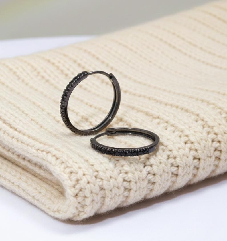 Simulated Black Diamonds Hoop Earrings / Huggies Earrings / Minimalist Eternity CZ Earring / Huggie Hoops Earrings / Christmas Gift for Her