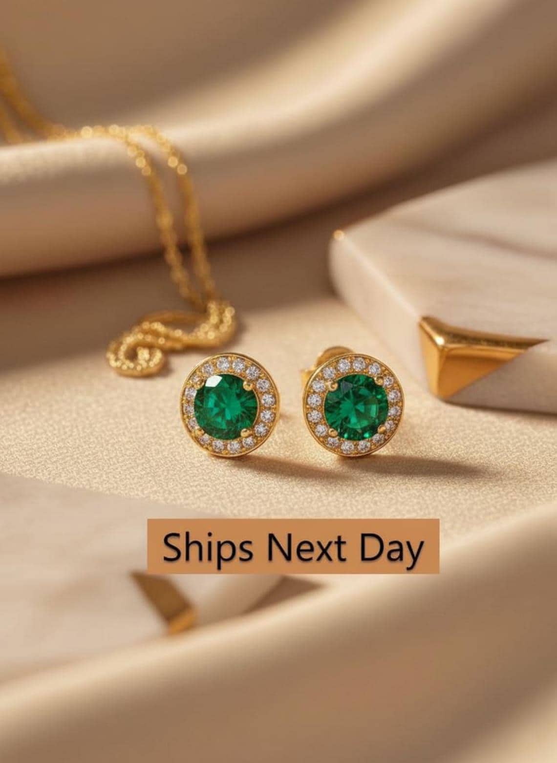 Emerald Stud Earrings, May Birthstone Gift, 18K Gold Plated Diamond Halo Emerald Earrings, Everyday Jewelry for Women