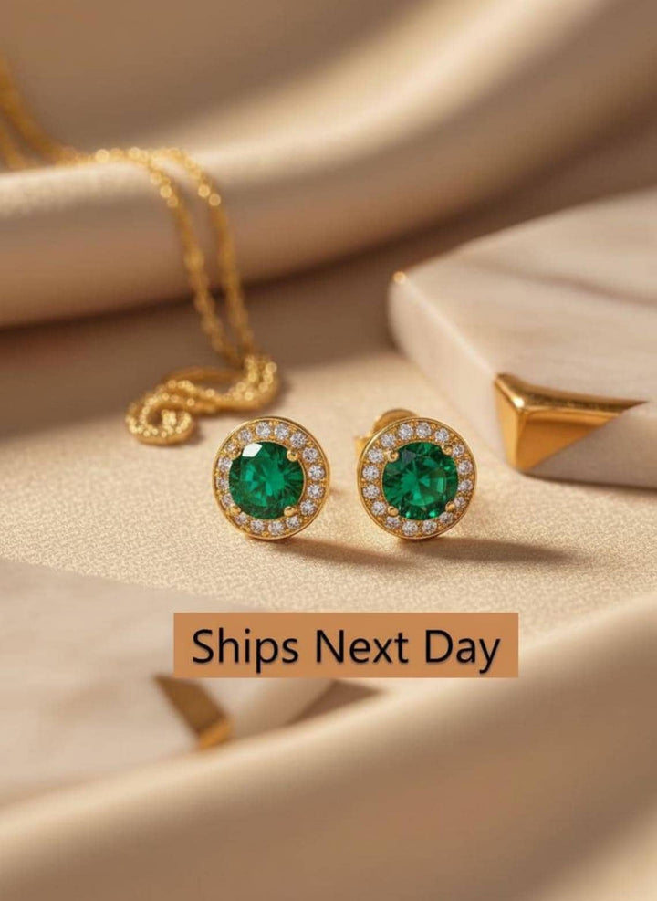 Emerald Stud Earrings, May Birthstone Gift, 18K Gold Plated Diamond Halo Emerald Earrings, Everyday Jewelry for Women