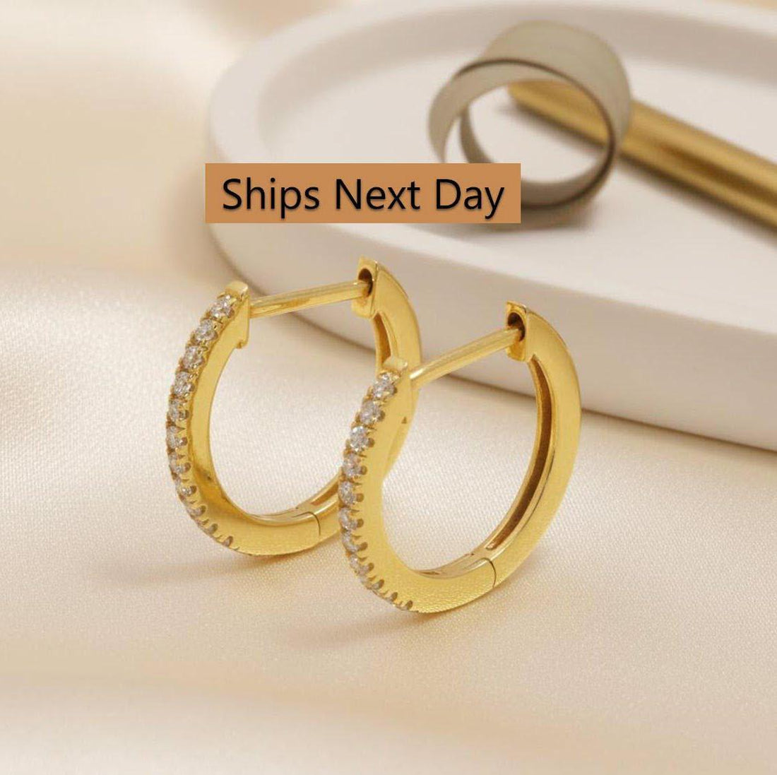 10mm Moissanite Huggie Hoop Earrings, 18K Gold Everyday Earrings for Women, Minimalist Hoop Earrings, Wedding Earrings