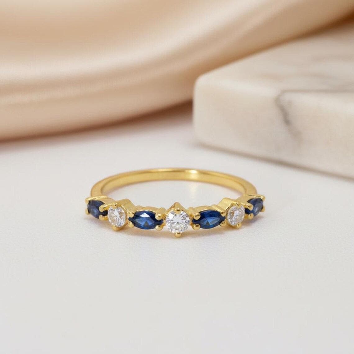 Blue Sapphire Marquise Wedding Ring, September Birthstone Ring, 18K Gold Half Eternity Wedding Band,  Blue Gemstone Band Gift for Her