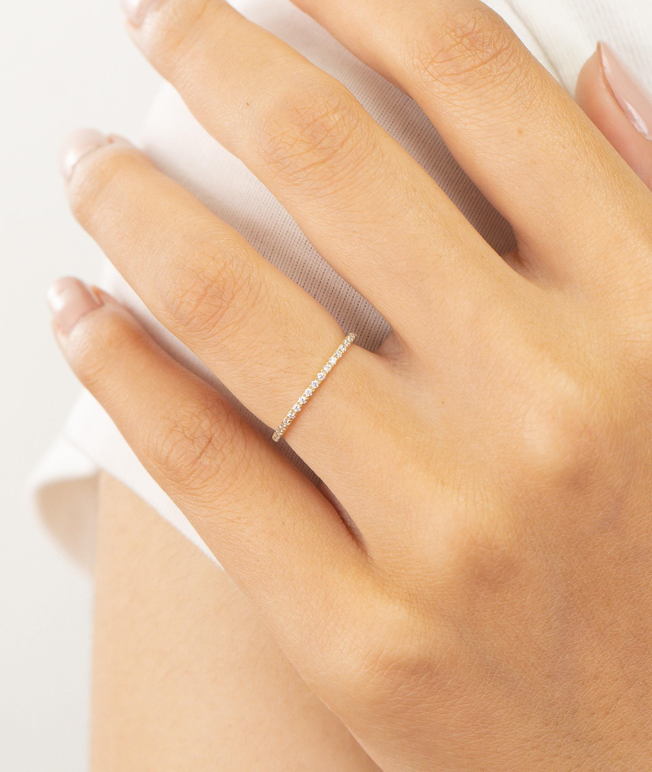 Micro Pave Eternity Diamond Wedding Ring, 1.3 MM Half Eternity Band, Dainty Stackable Band, Anniversary Gift, Valentine's Day Gift