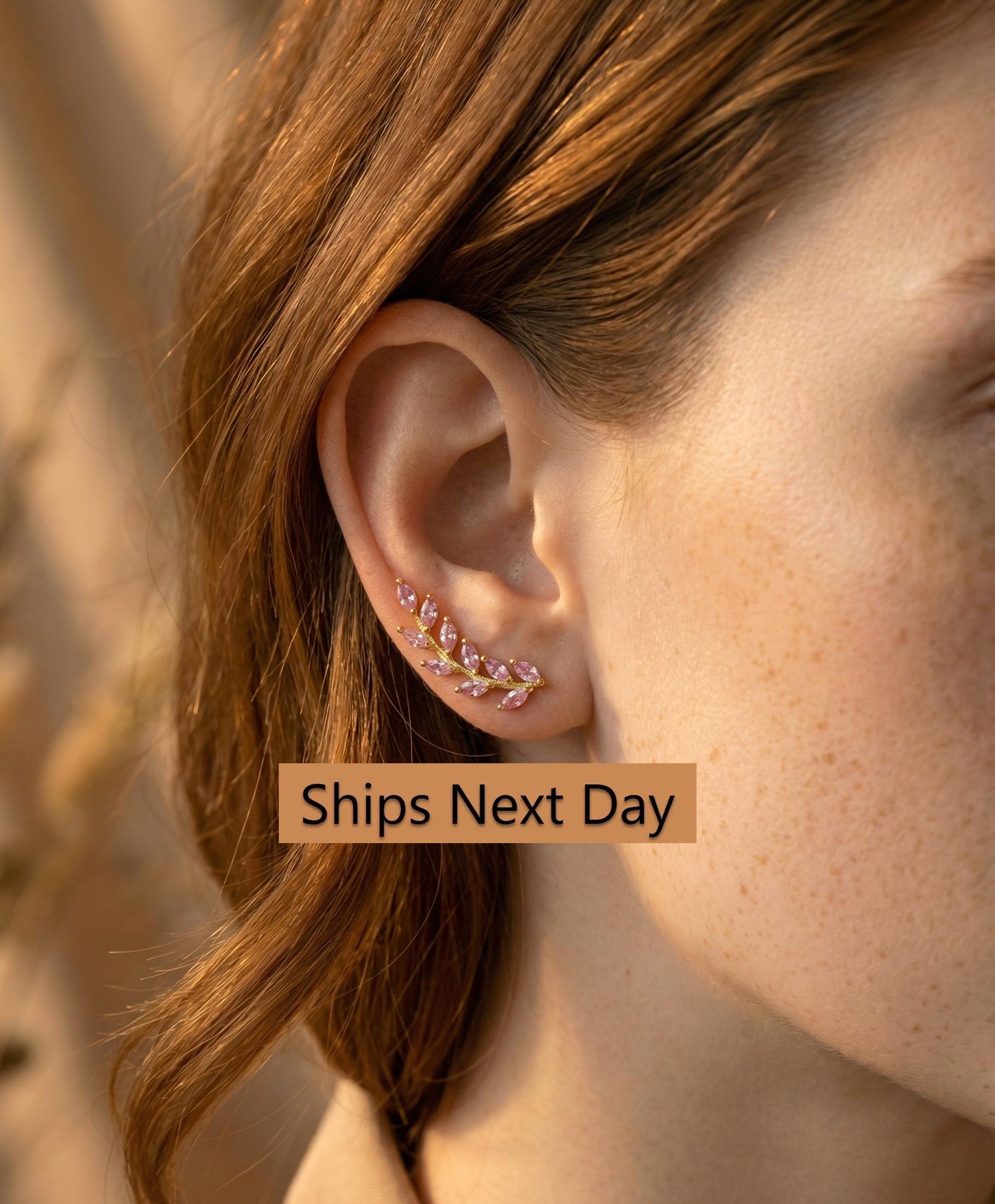 Pink Sapphire Earring Climber / Ear Crawlers Earrings / Marquise Ear Climber Earrings / Bridesmaid Gift / September Birthstone Gift