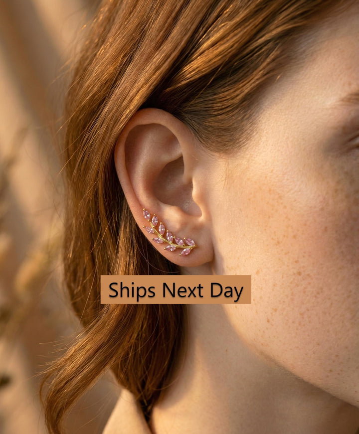 Pink Sapphire Earring Climber / Ear Crawlers Earrings / Marquise Ear Climber Earrings / Bridesmaid Gift / September Birthstone Gift