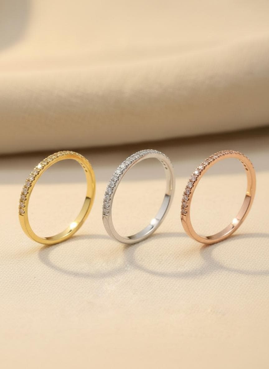 Micro Pave Eternity Diamond Wedding Ring, 1.3 MM Half Eternity Band, Dainty Stackable Band, Anniversary Gift, Valentine's Day Gift