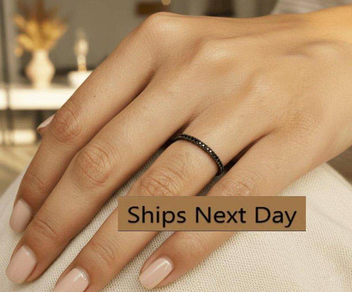 Black Coating Micro Pave Band, Black CZ Half Eternity Band, Stacking Wedding Band Gift for Her, Dainty Stackable Band