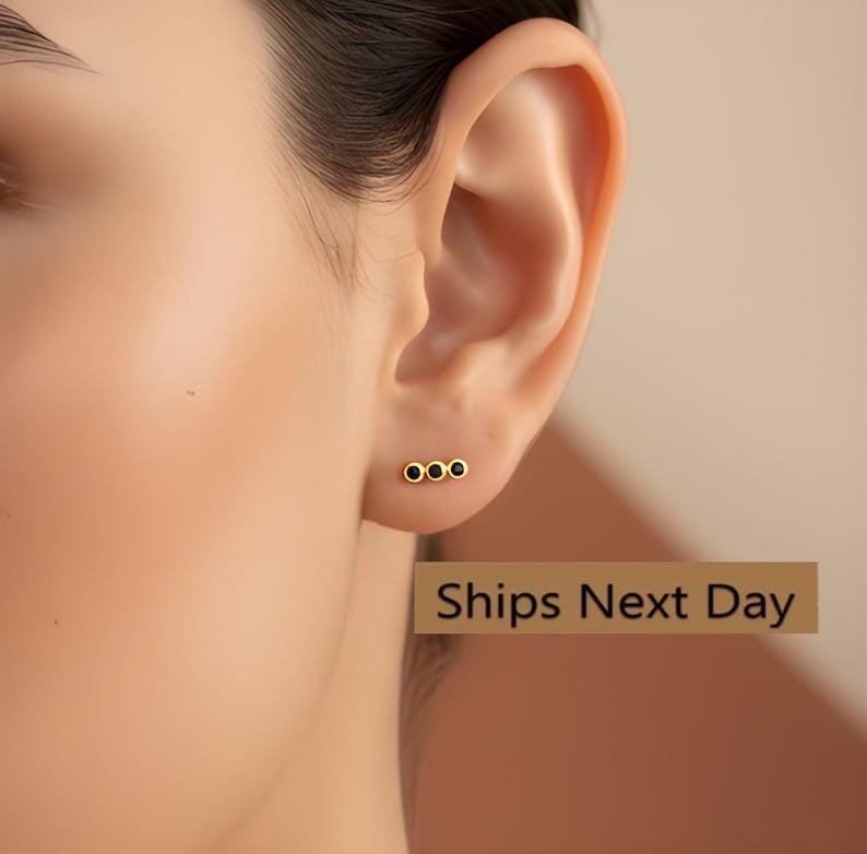 Black Diamond Earrings / Three Stone Stud Earrings / Minimalist Earrings / Dainty Black Diamond Studs