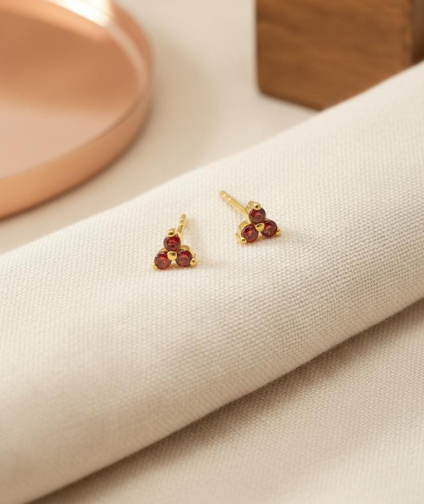 Garnet Earrings / Trio Stud Earrings / January Birthstone / Three Stone Earrings / Birthstone Studs / Holiday Gift for Her