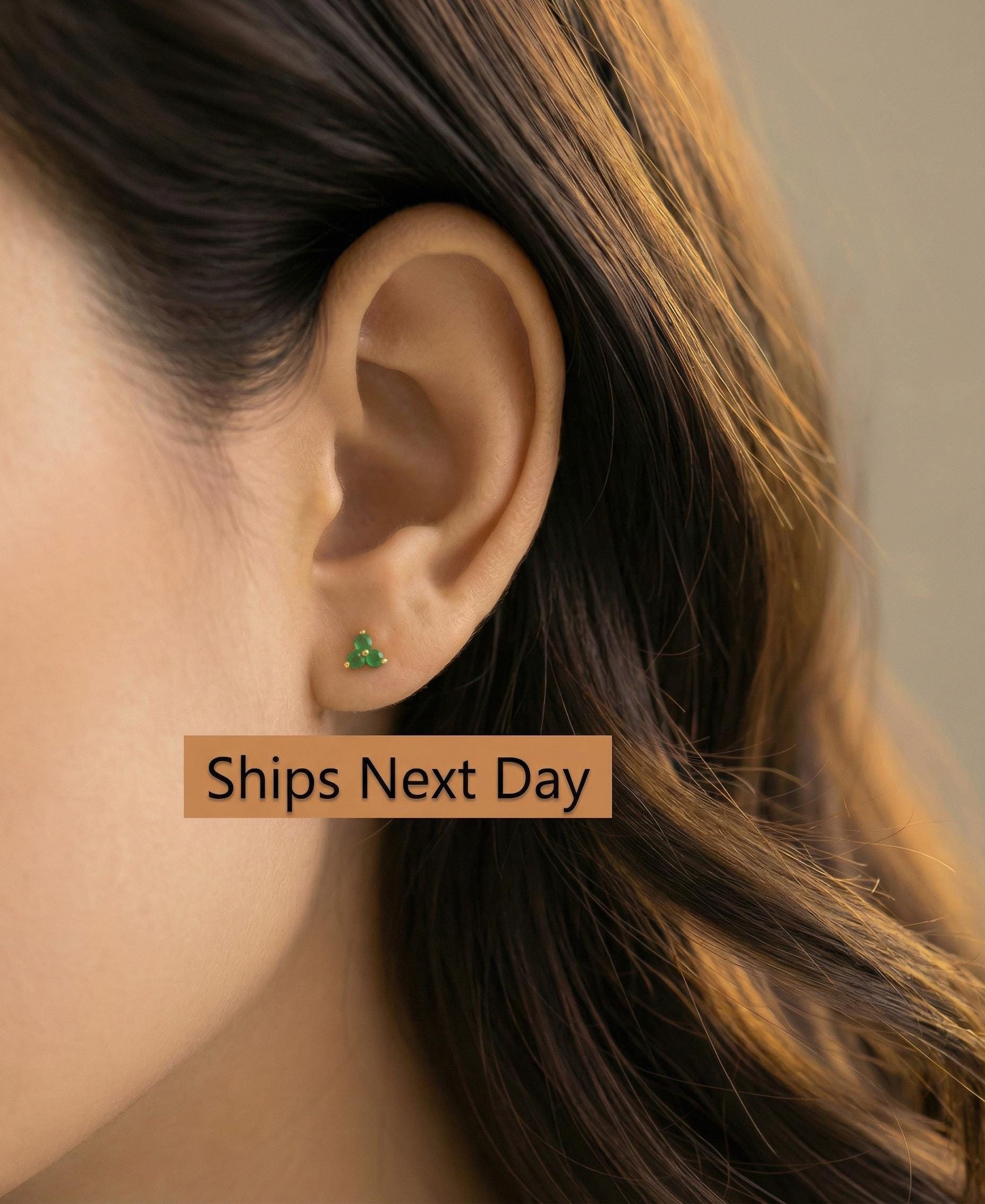 Emerald Earrings / Trio Stud Earrings / May Birthstone Gift / Three Stone Earrings / Minimalist Earrings / In Stock