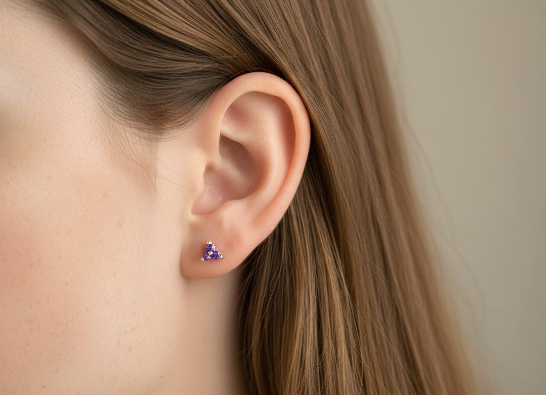 Amethyst Earrings / Trio Stud Earrings / February Birthstone Gift / Three Stone Earrings / Minimalist Earrings