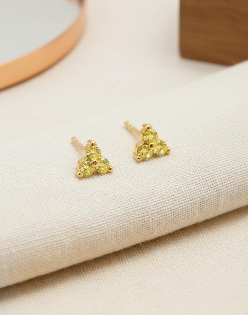 Yellow Sapphire Earrings / Trio Sapphire Studs / Bridesmaid Gifts / Three Stone Earrings / Minimalist Earrings / In Stock