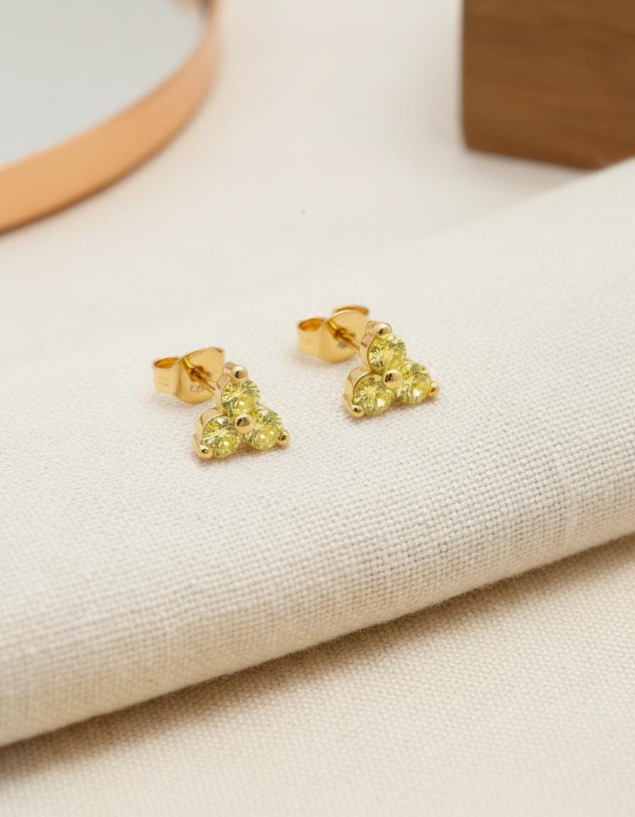 Yellow Sapphire Earrings / Trio Sapphire Studs / Bridesmaid Gifts / Three Stone Earrings / Minimalist Earrings / In Stock