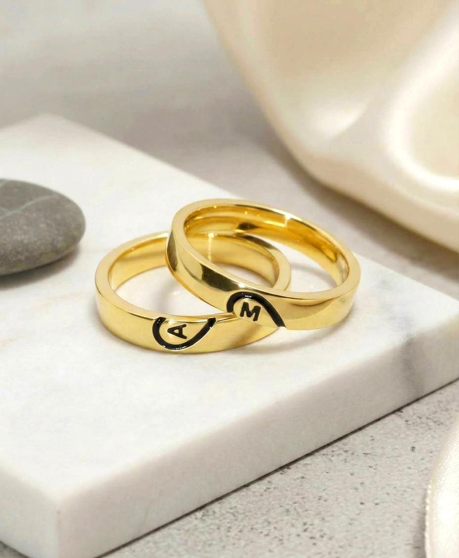 His and Her Matching Couple Rings, Engraved Initial Rings, Personalized Anniversary Gift for Women