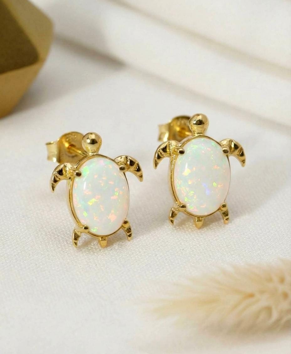 Turtle Opal Stud Earrings, Turtle Fire Opal Gemstone Jewelry, Cute Sea Turtle Jewelry for Women, Gift for Sea Lover, Sea Theme Jewelry