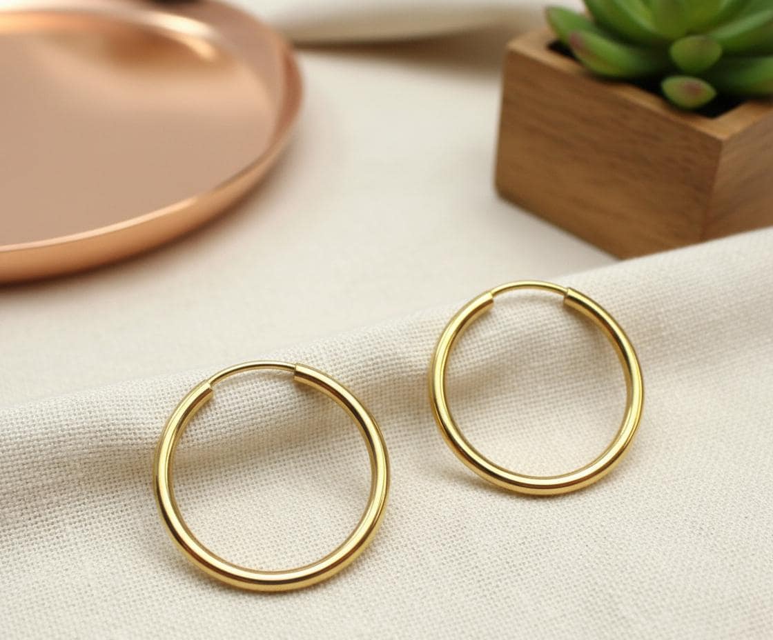 14k Solid Gold Hoop Earrings / 15MM Thin Endless Hoops / Minimalist Earring / Bridal Earring Gift for Her / Holiday Gift for Her