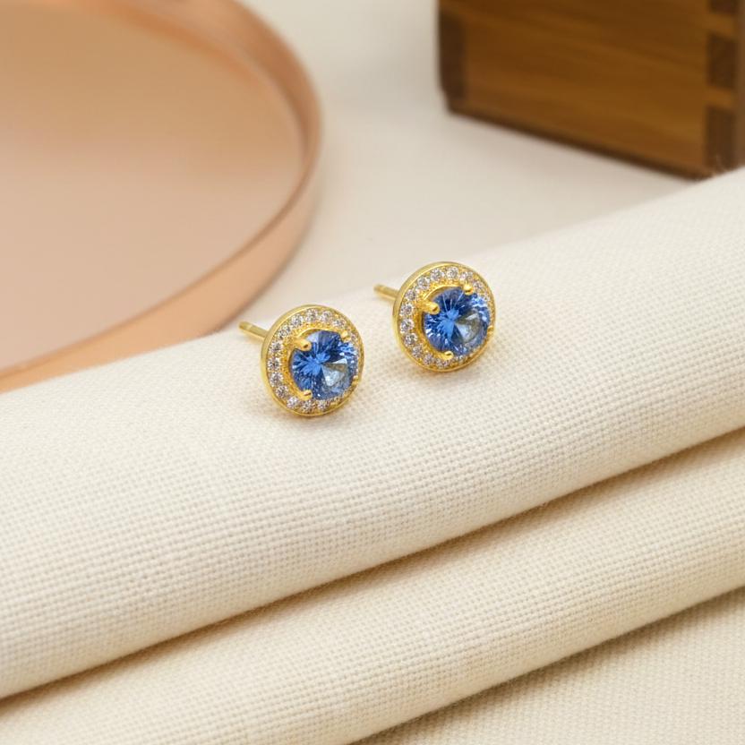 Blue Sapphire Halo Stud Earrings / Minimalist Earrings Gift for Women / Everyday Earring / September Birthstone Gift / In Stock