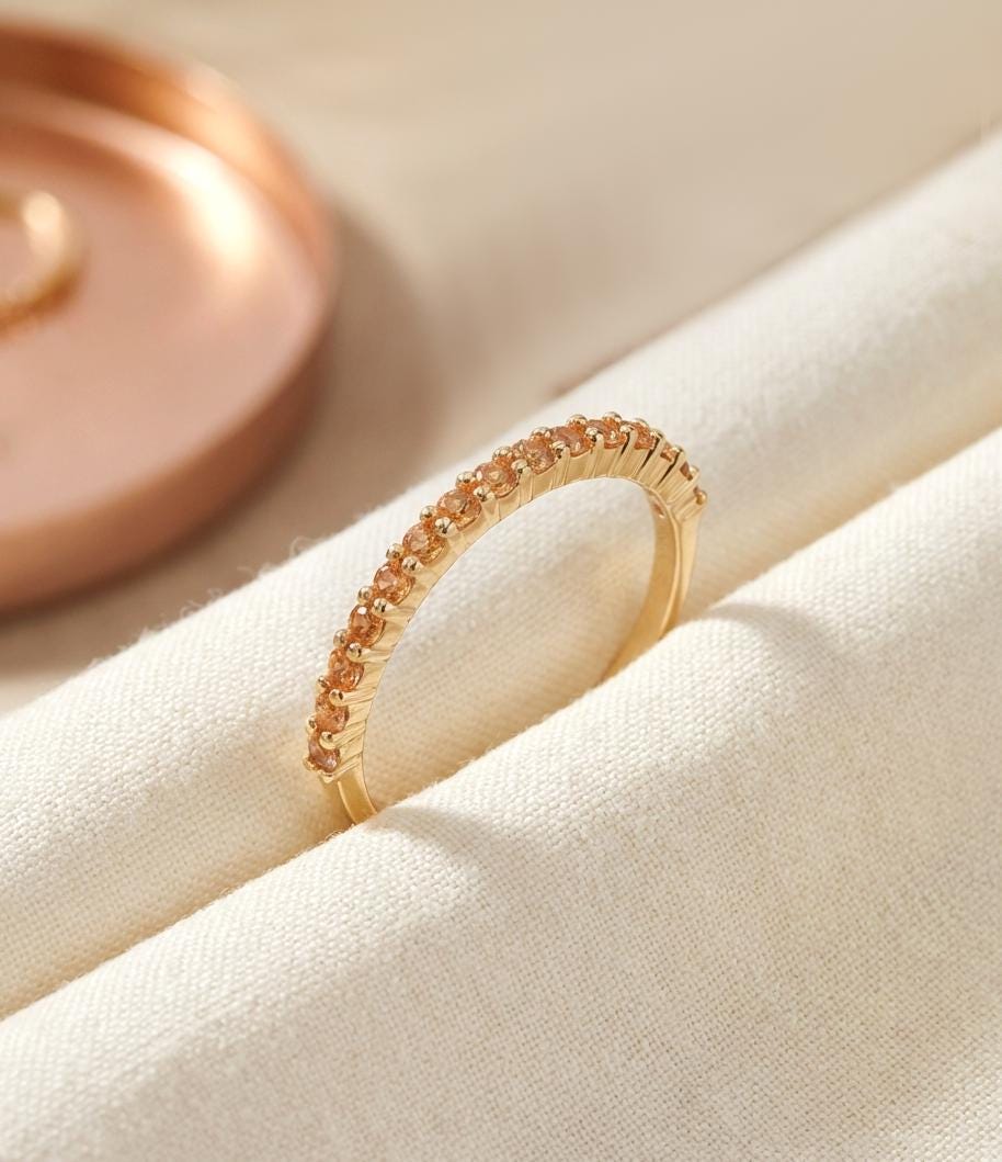 Shared Prong Citrine Wedding Band, November Birthstone Ring, Classic Wedding Ring, Women Wedding Band