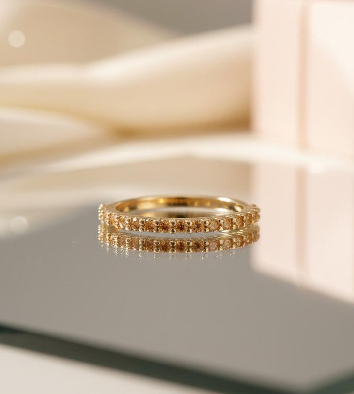 Shared Prong Citrine Wedding Band, November Birthstone Ring, Classic Wedding Ring, Women Wedding Band