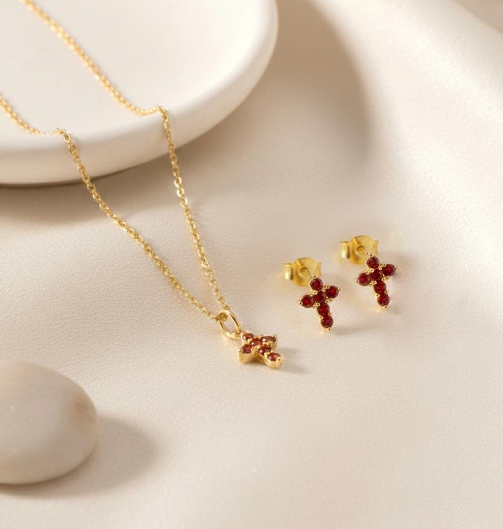 Cross Stud Earrings / Garnet Earrings / Tiny Cross Studs January Birthstones / Religious Earrings Gift / Christmas Gift for Her